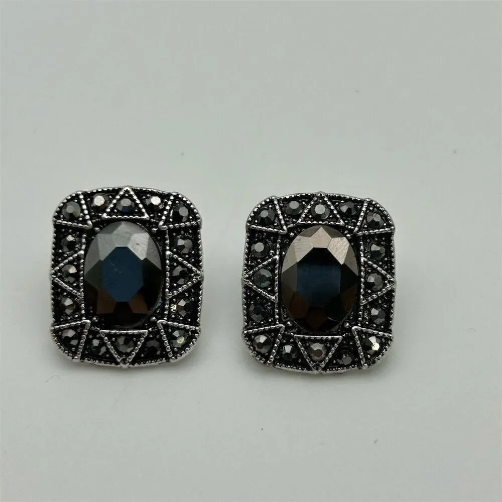 Square Art Deco Faux Black Hematite Rhinestone Stud Earrings Sparkle Fun